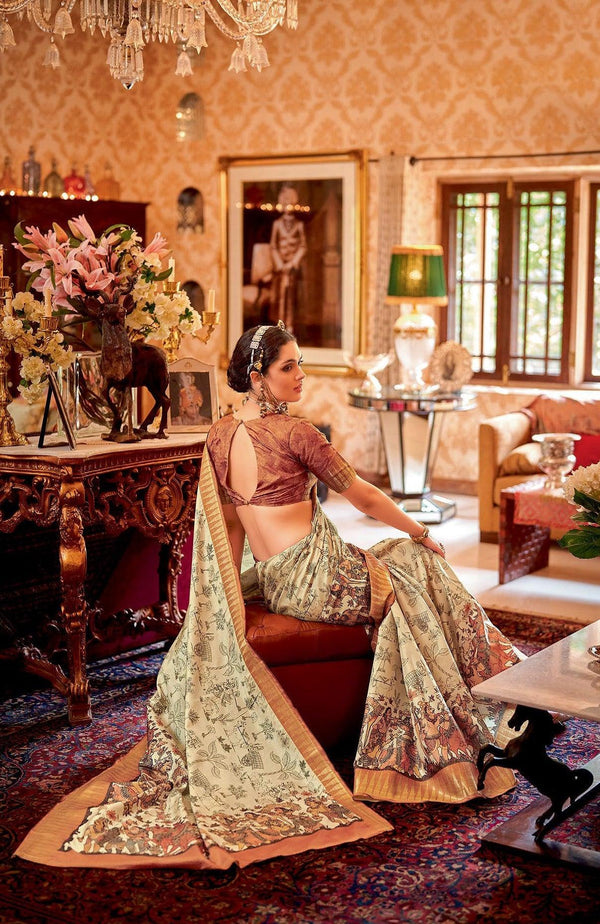 Artistic Heritage Pattachitra Printed Manipuri Silk Beige Saree - Fashion Nation