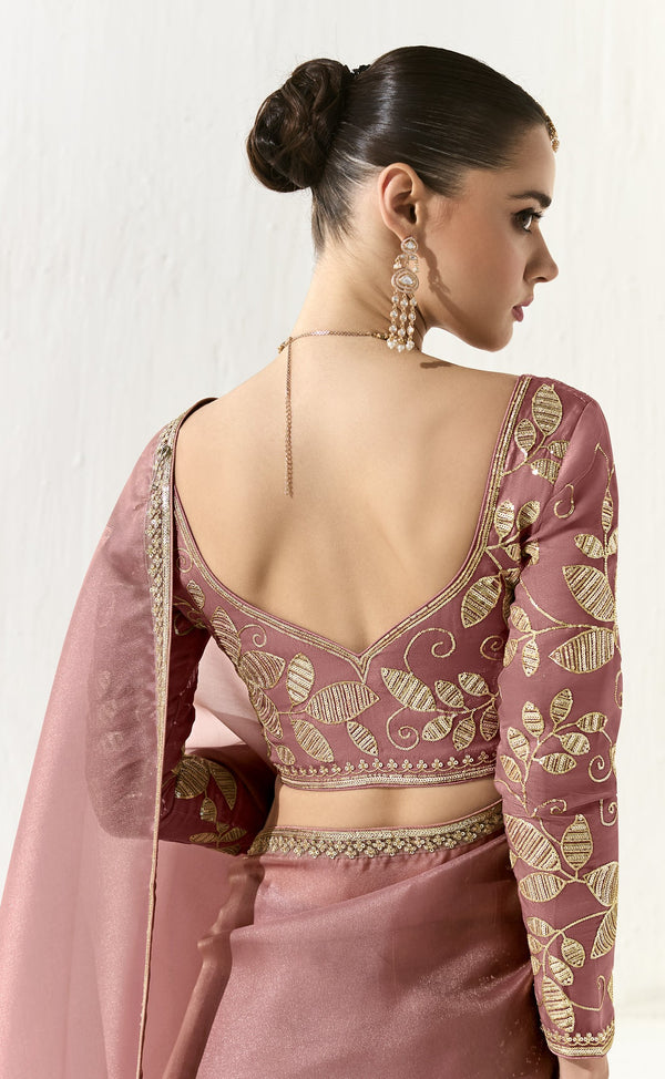 Bridesmaid Day Wear Pink Organza Tissue Party Sari | Unstitched Blouse